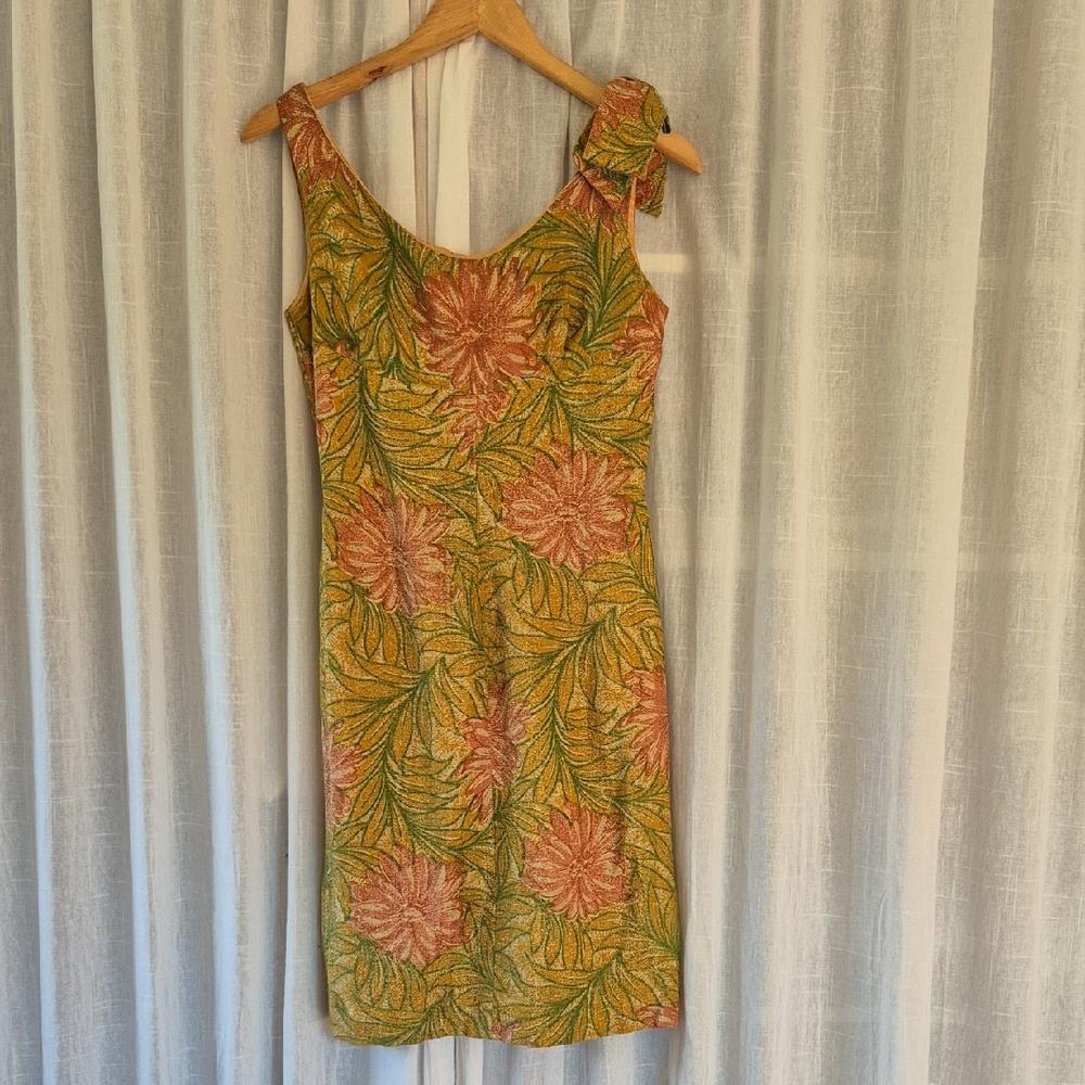 Vintage 20s-50s Floral Metallic Midi Dress Yellow, Orange and Pink